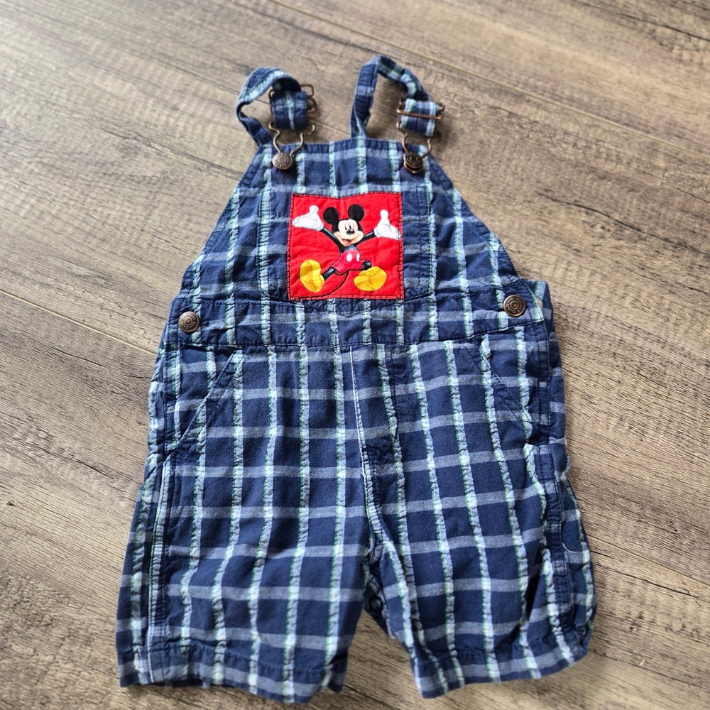 OshKosh B'gosh Mickey Mouse Plaid Overalls Blue Green Shortalls 18 Months Disney
